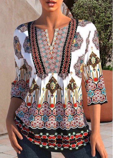 Tribal Print Multi Color Split Neck Blouse