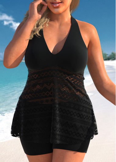 Plus Size Black Lace Panel Tankini Top