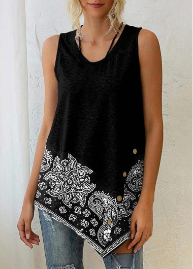 Paisley Print Black Asymmetric Hem Tank Top