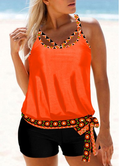 Orange Bowknot Side Tribal Print Tankini Top