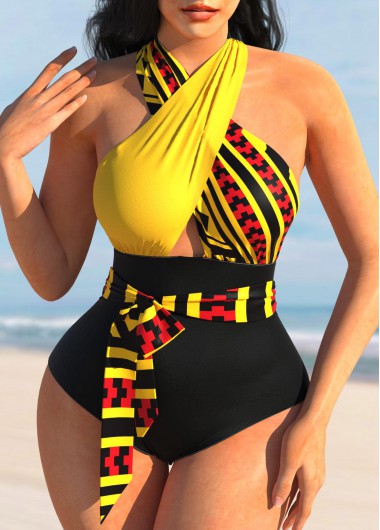 Tribal Print Color Block Cross Halter One Piece Swimwear