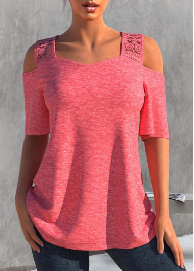 Pink Lace Stitching Cold Shoulder T Shirt