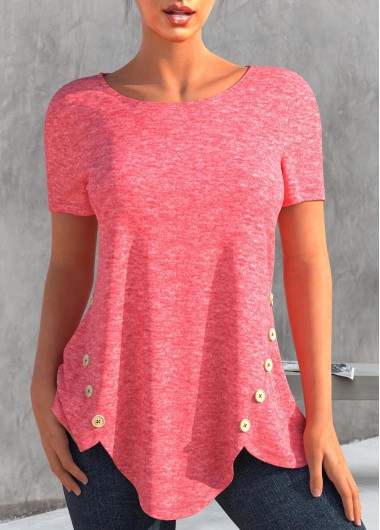 Pink Decorative Button Round Neck T Shirt