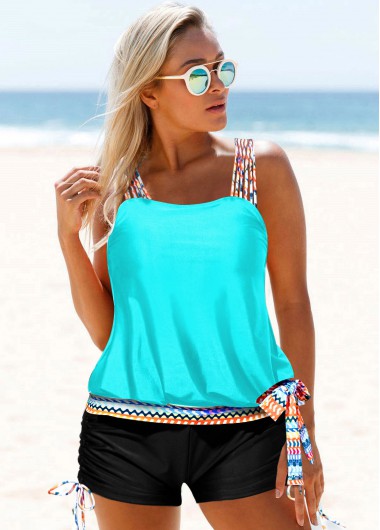 Cyan Tribal Print Tie Side Tankini Set