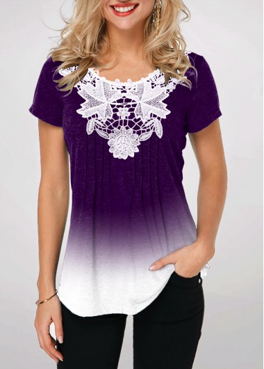 Lace Stitching Crinkle Chest Ombre Purple T Shirt