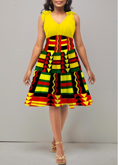 Tribal Print Sleeveless Yellow V Neck Dress