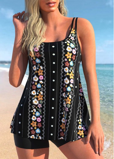Tribal Print Black Double Straps Swimdress Top