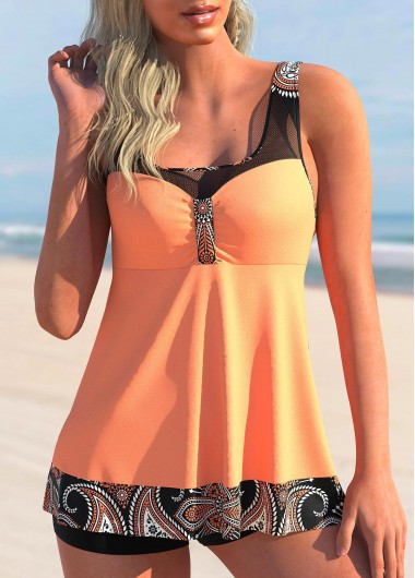 Paisley Print Mesh Stitching Coral Orange Swimdress Top