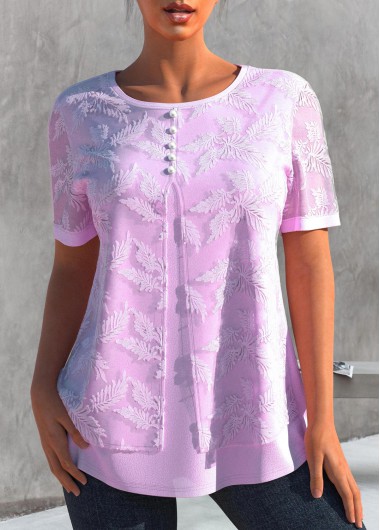 Light Pink Embroidered Faux Two Piece T Shirt