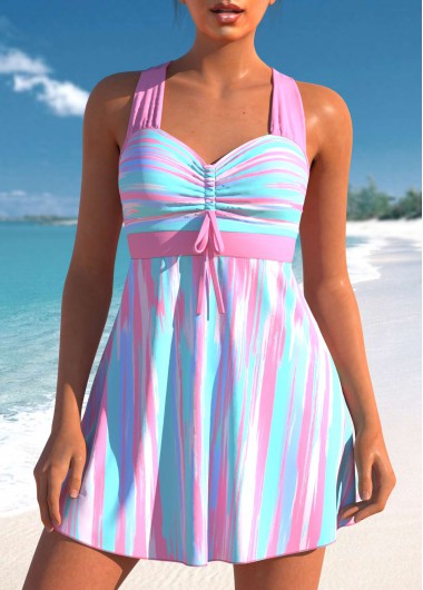 Striped Graffiti Print Light Pink Swimdress Top