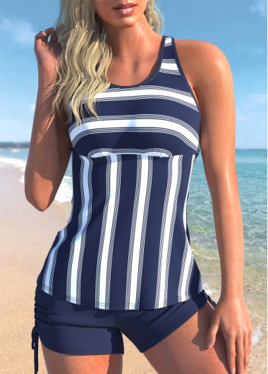 Striped Navy Blue Wide Strap Tankini Set