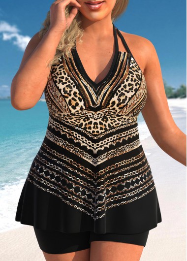Leopard Halter Plus Size Black Tankini Top