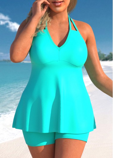 Halter Plus Size Double Straps Cyan Tankini Set