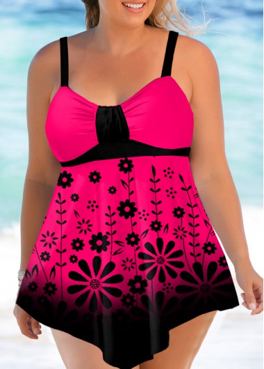Ombre Rose Red Floral Print Plus Size Swimdress Top