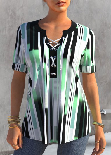 Striped Lace Up Short Sleeve Black Blouse