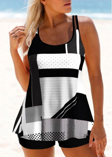 Geometric Print Double Straps Black Tankini Top