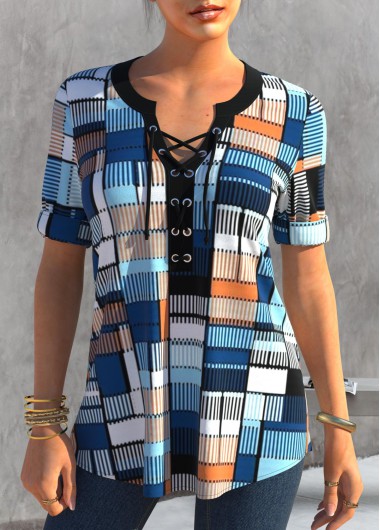 Geometric Print Lace Up Color Block Split Neck Blouse