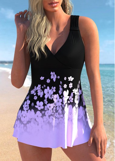 Light Purple Floral Print Ombre Swimdress Top