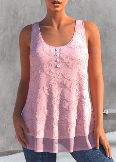 Embroidered Decorative Button Light Pink Tank Top