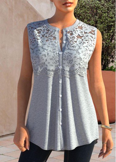 Lace Stitching Button Detail Grey Marl Tank Top