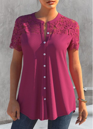 Rose Red Lace Patchwork Short Sleeve Blouse