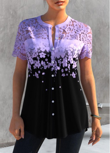 Light Purple Floral Print Lace Patchwork Blouse