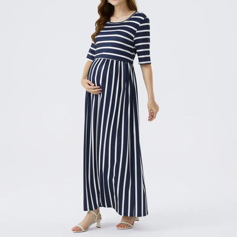 Maternity Striped Round Neck Half Sleeve Print Nursing Dress