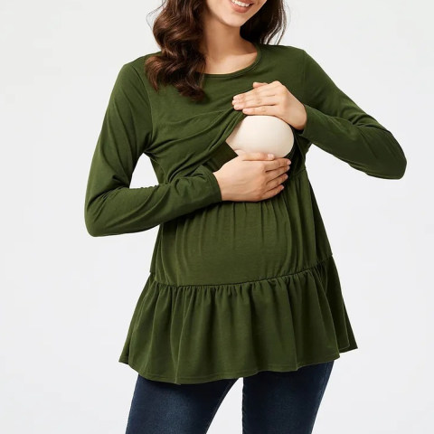 Green Round Neck Long Sleeve Maternity Breastfeeding Top