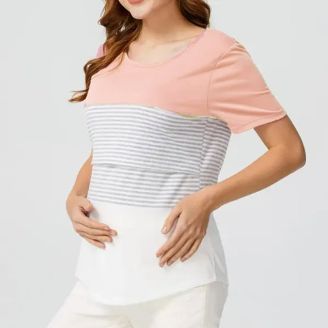 Maternity Casual Round Neck Short Sleeve Block Breastfeeding Top