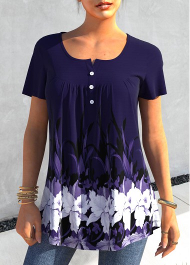 Purplish Blue Floral Print Short Sleeve T Shirt