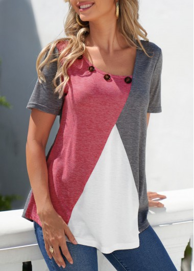 Decorative Button Grey Contrast Short Sleeve T Shirt