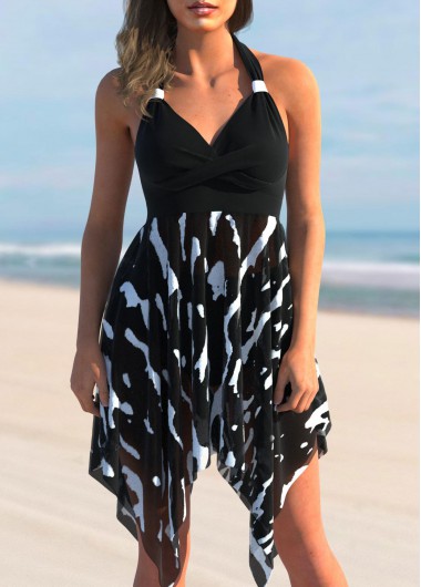 ROTITA Asymmetric Hem Brushstroke Print Color Block Swimdress Top