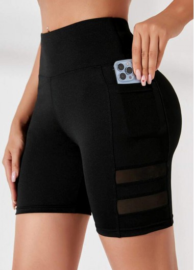 Mesh Stitching Pocket High Waisted Black Swim Shorts