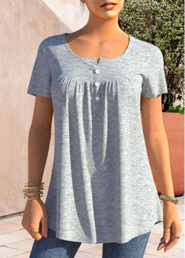 Split Neck Grey Marl Short Sleeve T Shirt