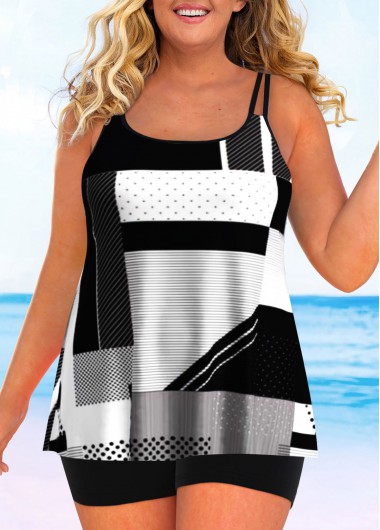 Geometric Print Plus Size Double Straps Black Tankini Top