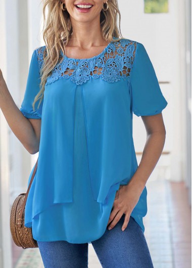 ROTITA Sky Blue Layered Hem Short Sleeve Blouse