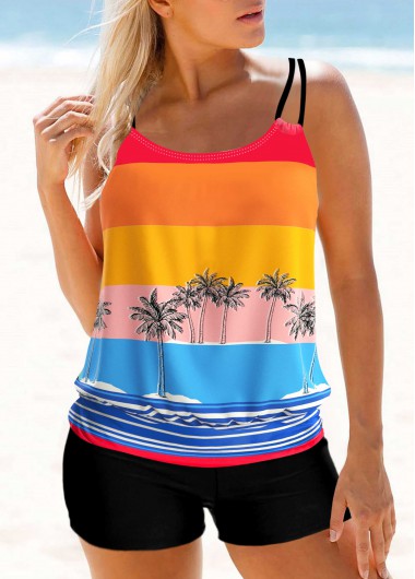 Coconut Tree and Stripe Print Blouson Tankini Top
