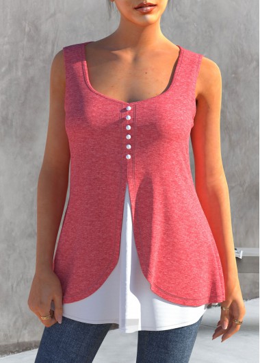 Faux Two Piece Decorative Button Pink Tank Top