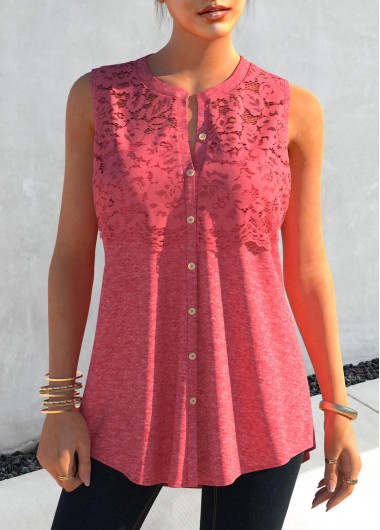 Lace Stitching Pink Button Up Tank Top
