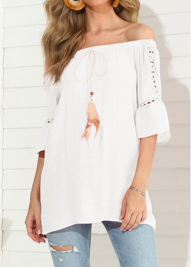 Feather Detail White Hollow Out T Shirt