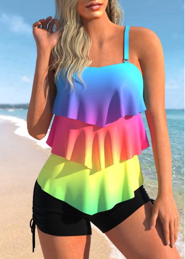 Rainbow Color Printed Layered Hem Tankini Top