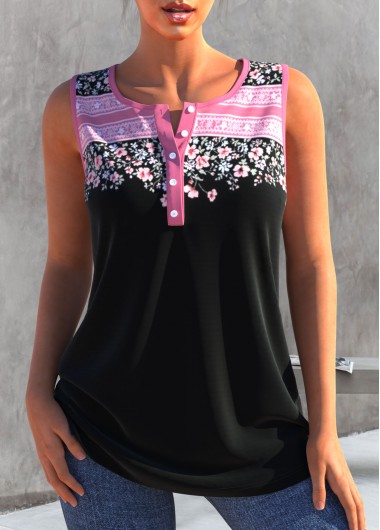 Floral Print Split Neck Black Tank Top