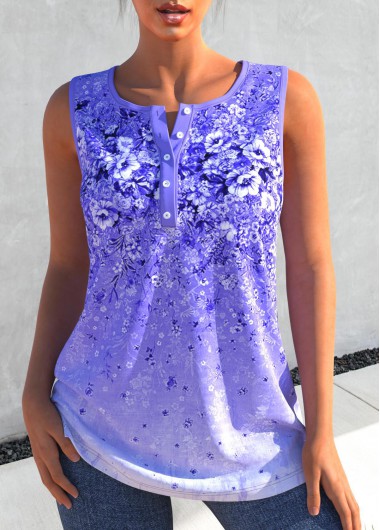 Purple Floral Print Split Neck Tank Top