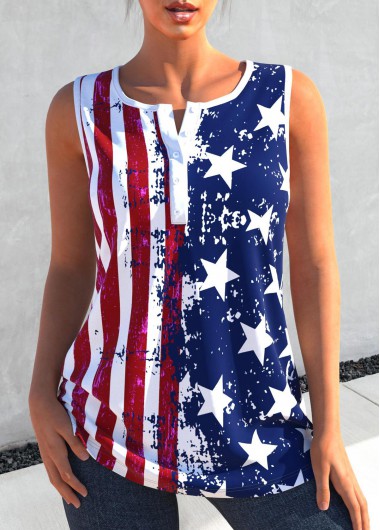 Split Neck American Flag Print Tank Top