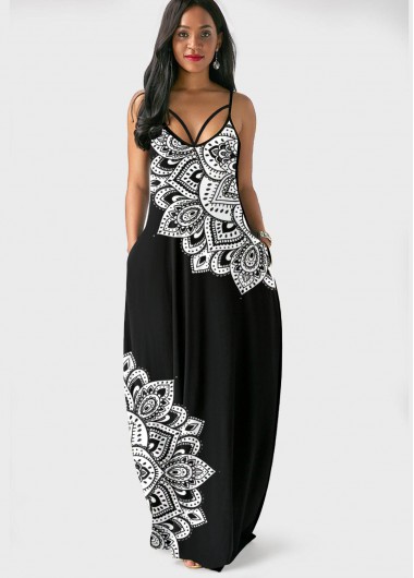 Double Side Pockets Tribal Print Spaghetti Strap Black Dress