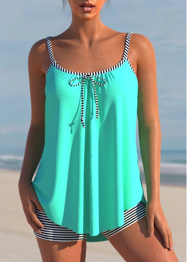 Cyan Striped Bowknot Spaghetti Strap Tankini Set
