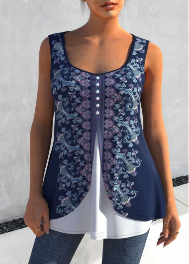 ROTITA Navy Blue Tribal Print Faux Two Piece Tank Top