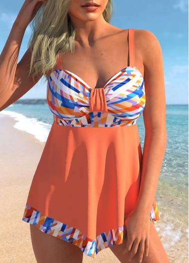 Geometric Print Coral Orange Asymmetric Hem Swimdress Top