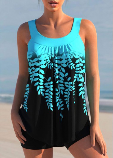 ROTITA Cyan Leaf Print Ombre Color Block Tankini Top