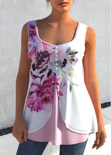 Floral Print Faux Two Piece Light Pink Tank Top